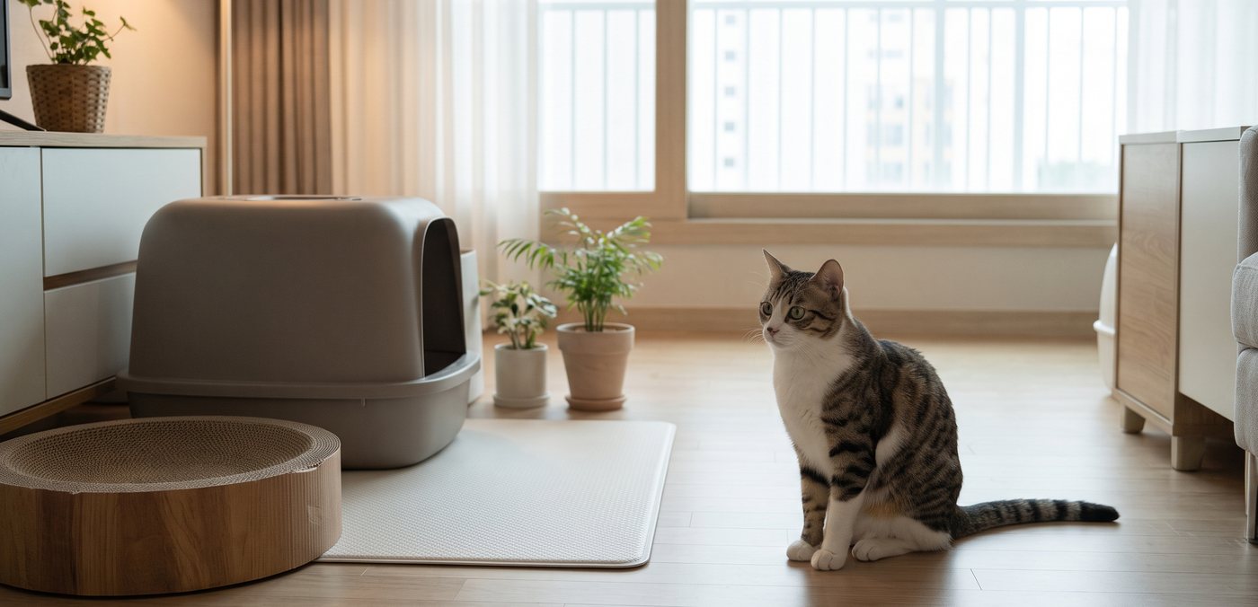 고양이 화장실과 스크래처 옆에 앉은 고양이